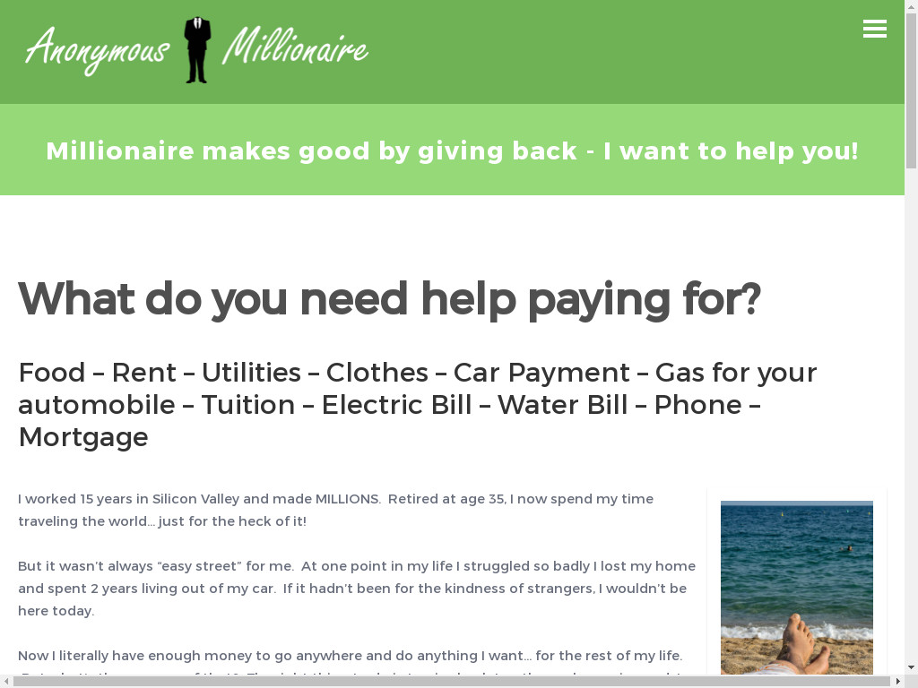 Screenshot of Anonymousmillionaire.org website