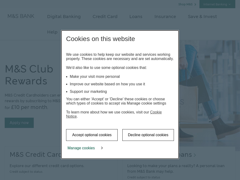 Screenshot of Bank.marksandspencer.com website