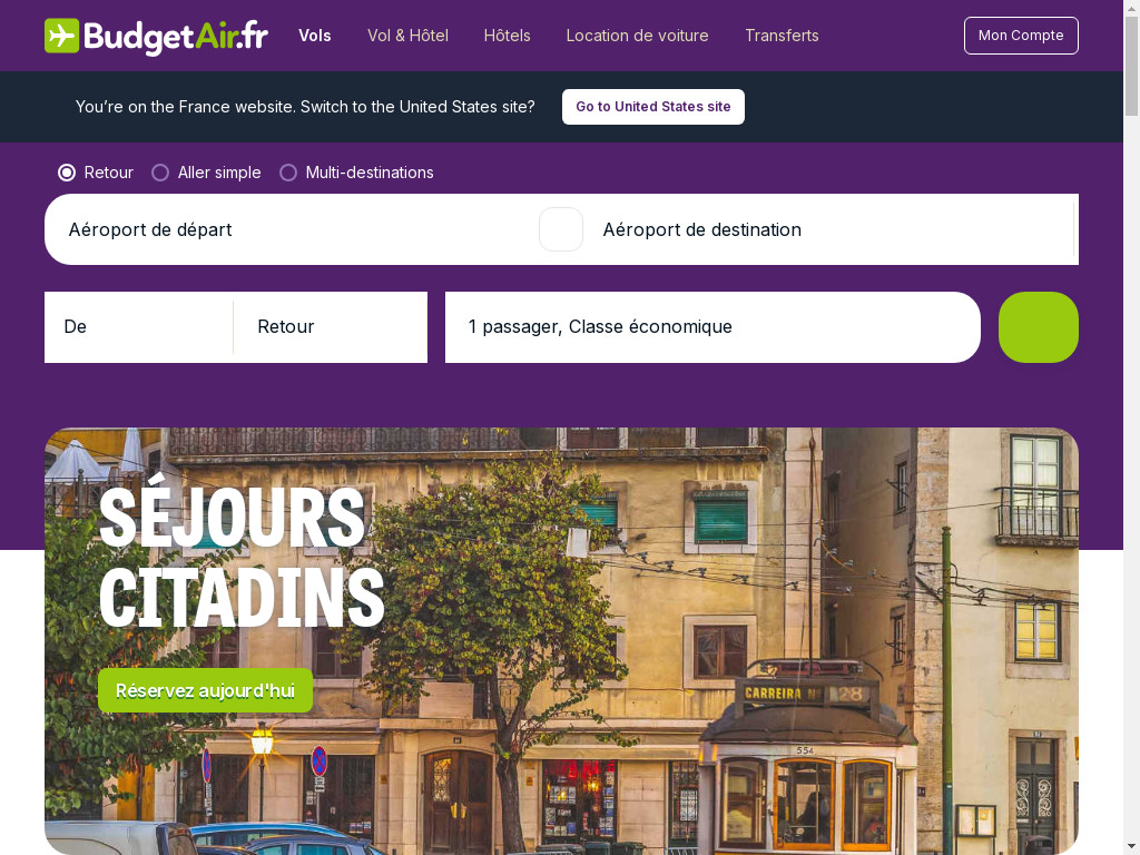 Screenshot of Budgetair.fr website