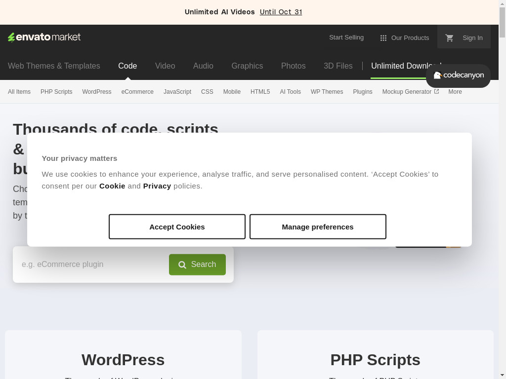 Screenshot of Codecanyon.net website