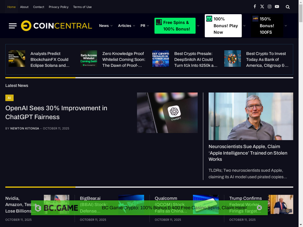 Screenshot of Coincentral.com website