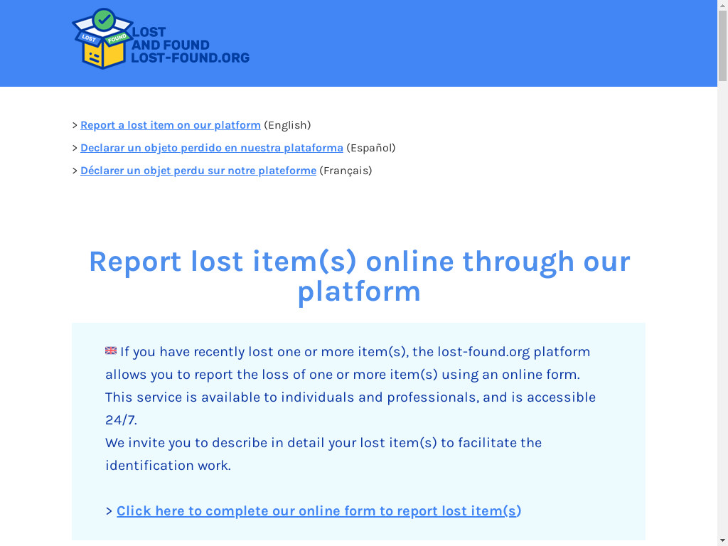 Screenshot of Lost-found.org website
