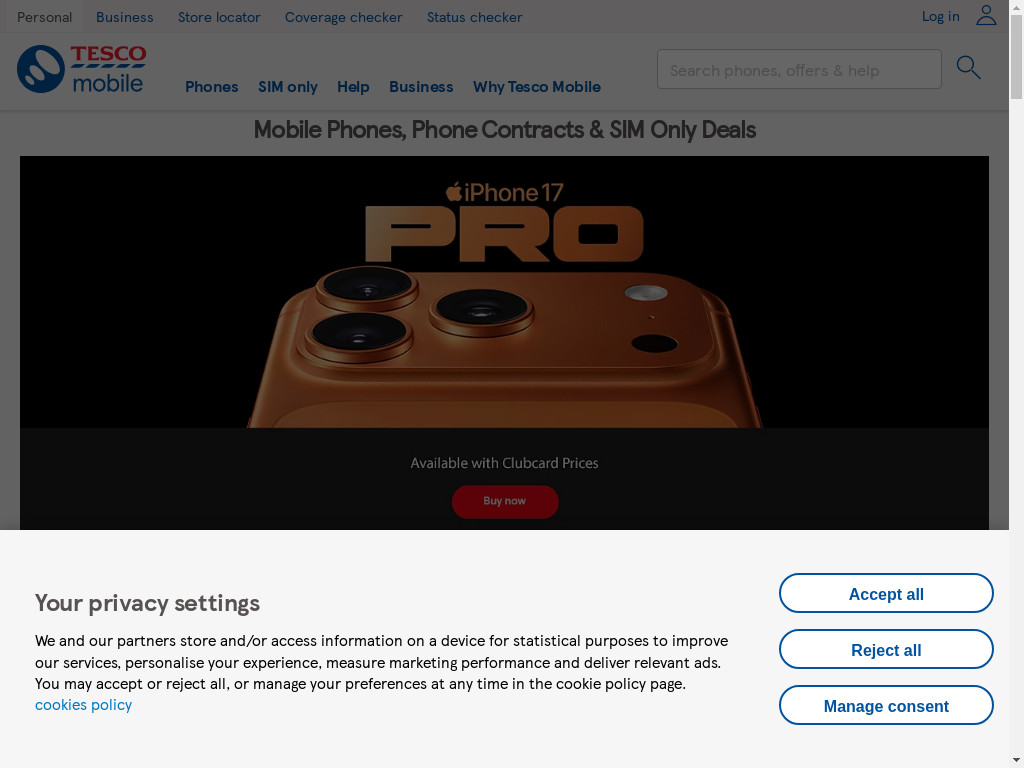 Screenshot of Tescomobile.com website