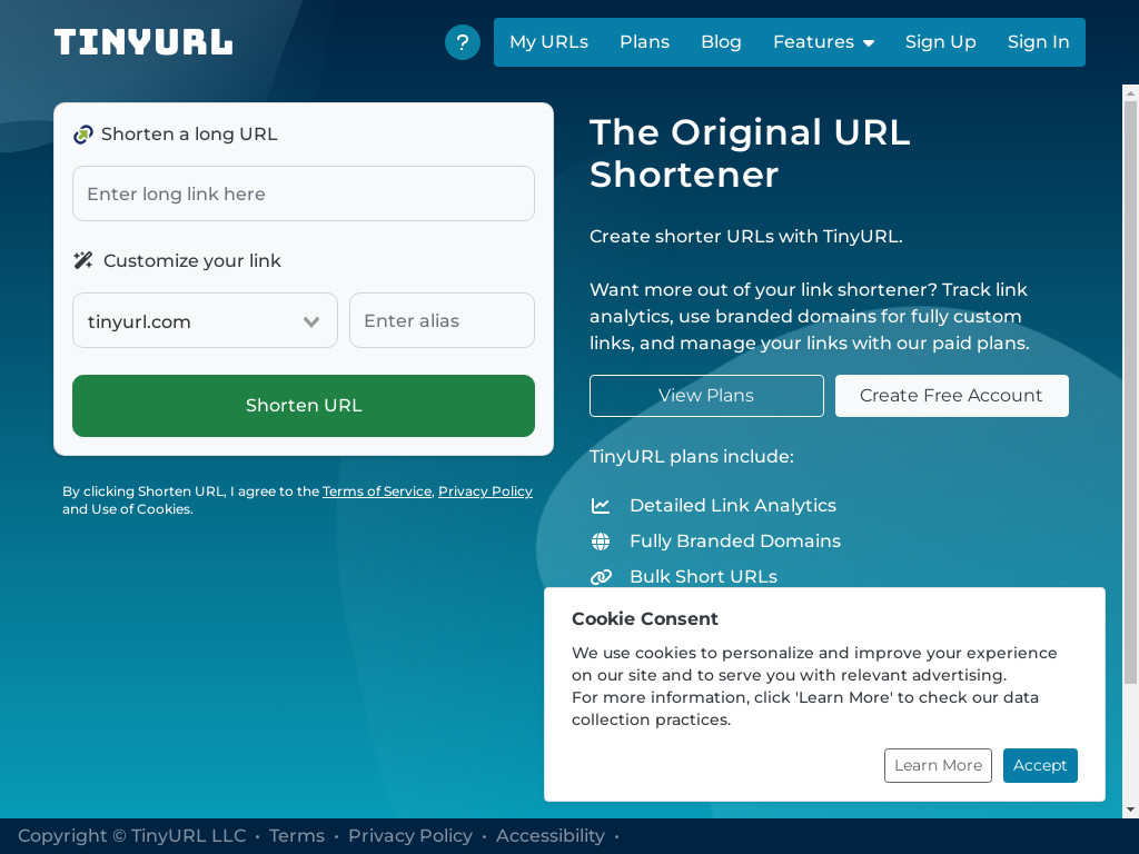 Screenshot of Tinyurl.com website