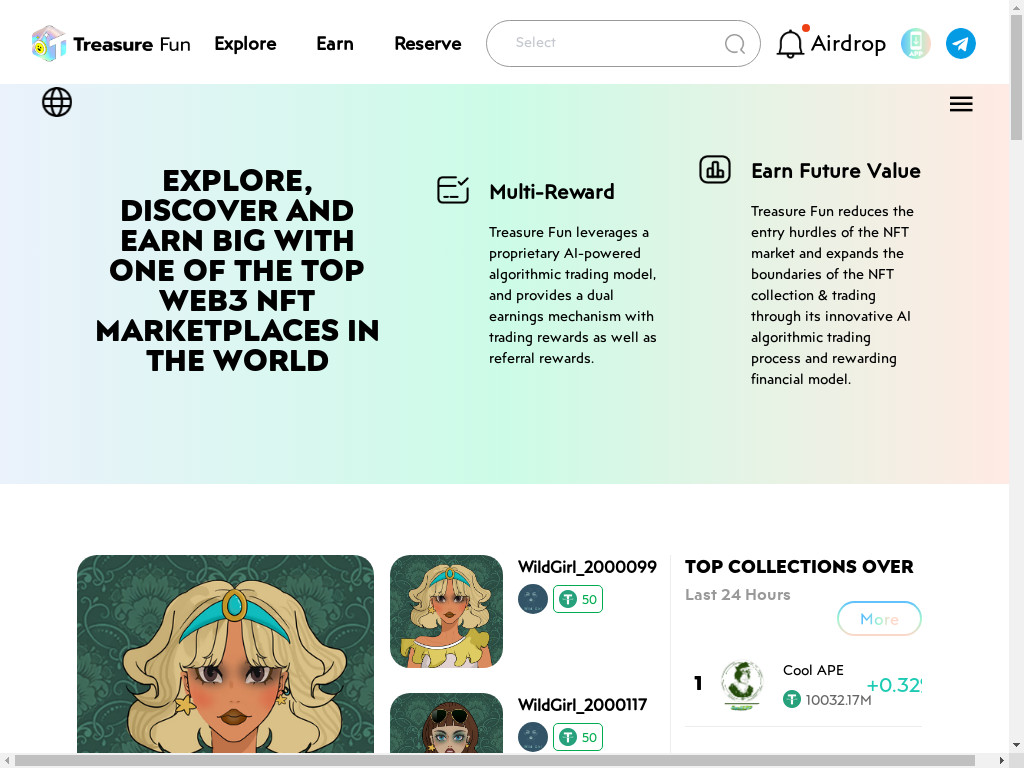 Screenshot of Treasurenft.xyz website