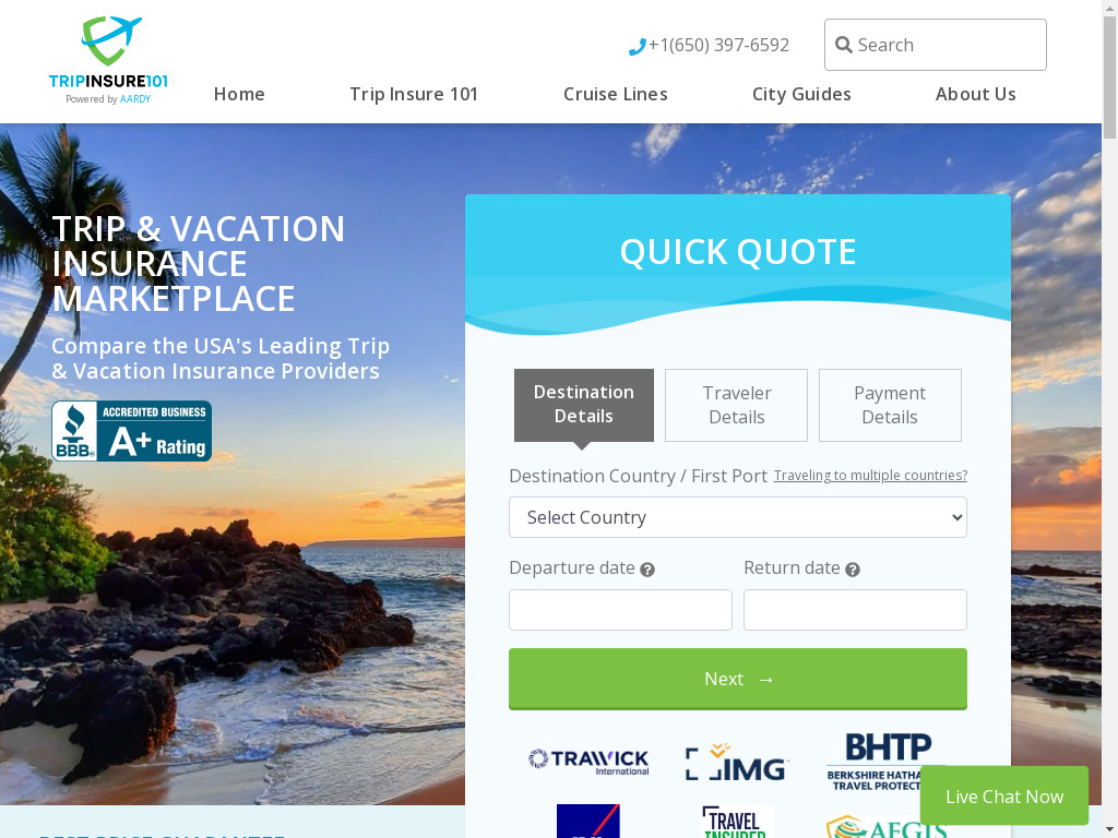 Screenshot of Tripinsure101.com website